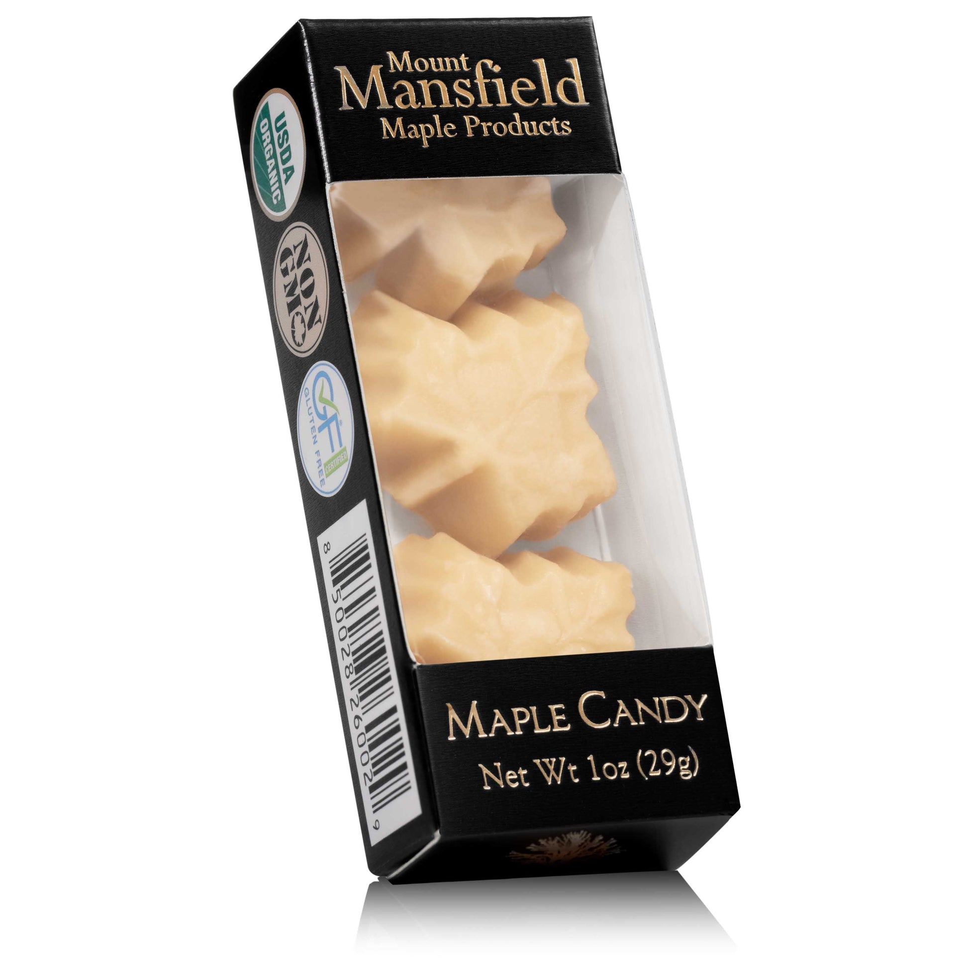 Organic pure maple sugar candy in a three-leaf box from Mount Mansfield Maple Products, showcasing the rich maple treats inside.