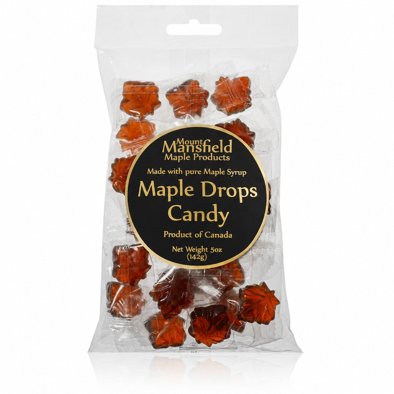 Maple Drops hard candy by Mount Mansfield Maple Products, 5oz package featuring glossy, golden maple candy drops.