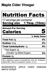 Nutrition label for American Vinegar Works Maple Cider Vinegar showing ingredients and nutritional information.