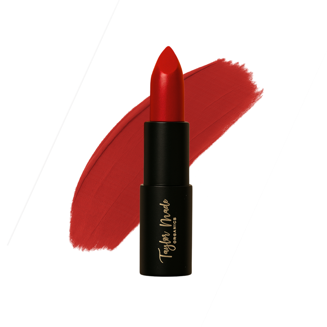 Organic Taylor Made Organics lipstick in Marilyn shade, featuring a sleek tube and vibrant pink lipstick bullet.