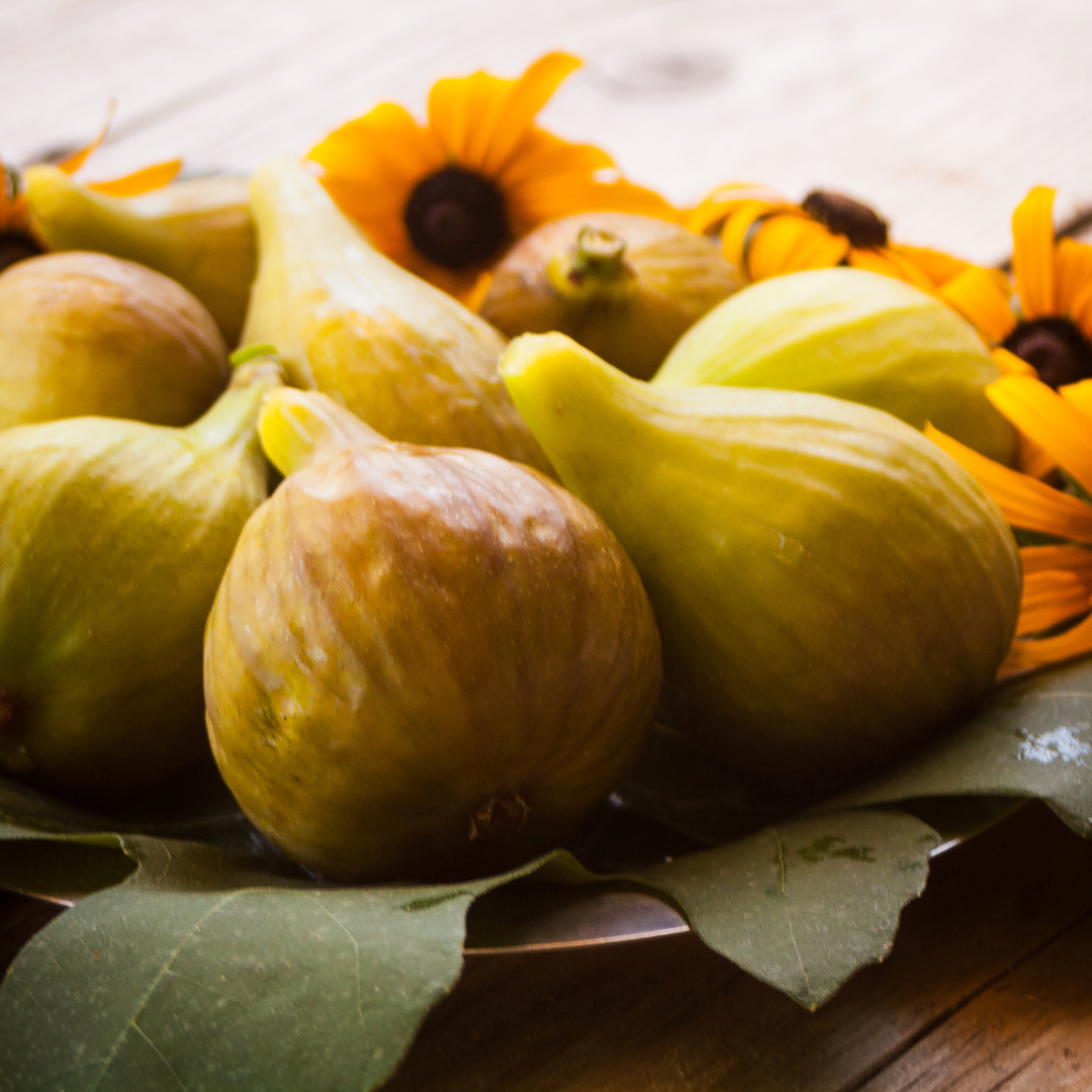 Fresh Marseilles figs from The Farm On Central, showcasing ripe, purple figs with green stems on a rustic background.