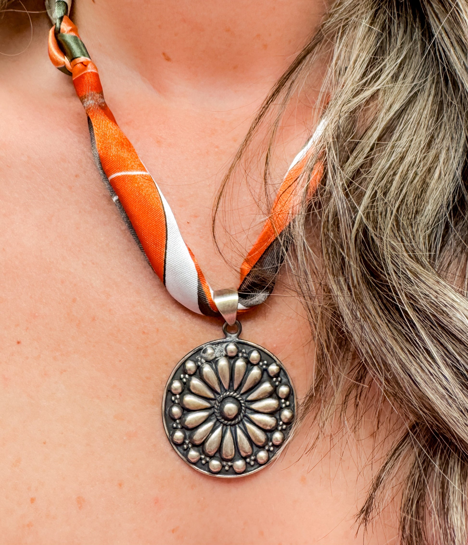 Medallion Pendant on Silk Scarf Necklace - Blessings Grow Meadows -