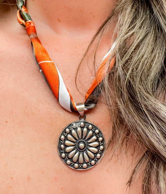 Medallion Pendant on Silk Scarf Necklace - Blessings Grow Meadows -