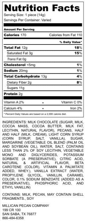 Milk Chocolate Caramillicans pecan treats by Millican Pecan in a gift box, shown with nutritional label on the packaging.