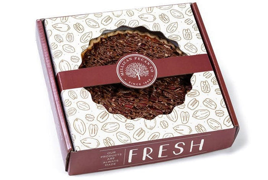 Millican Pecan Chocolate Pecan Pie with rich chocolate topping and toasted pecans on a flaky crust.