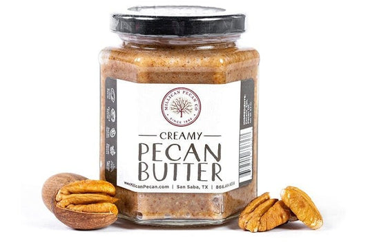 Creamy pecan butter by Millican Pecan in an 8.5oz jar, showing smooth, rich pecan spread with a natural, nutty appearance.