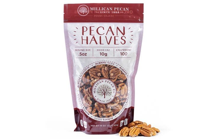 Millican Pecan fresh shelled raw pecan halves in a 1lb bag, showcasing golden-brown natural pecans for baking or snacking.