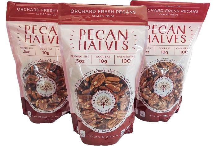Millican Pecan fresh shelled raw pecan halves in a 3 lb bag, showcasing golden, crunchy pecans perfect for baking or snacking.