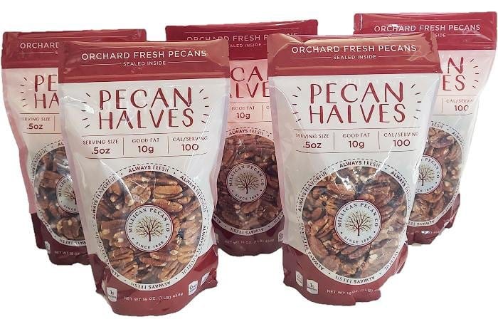 Fresh Millican Pecan halves in a 5 lb bag, raw and shelled, ideal for baking and snacking.