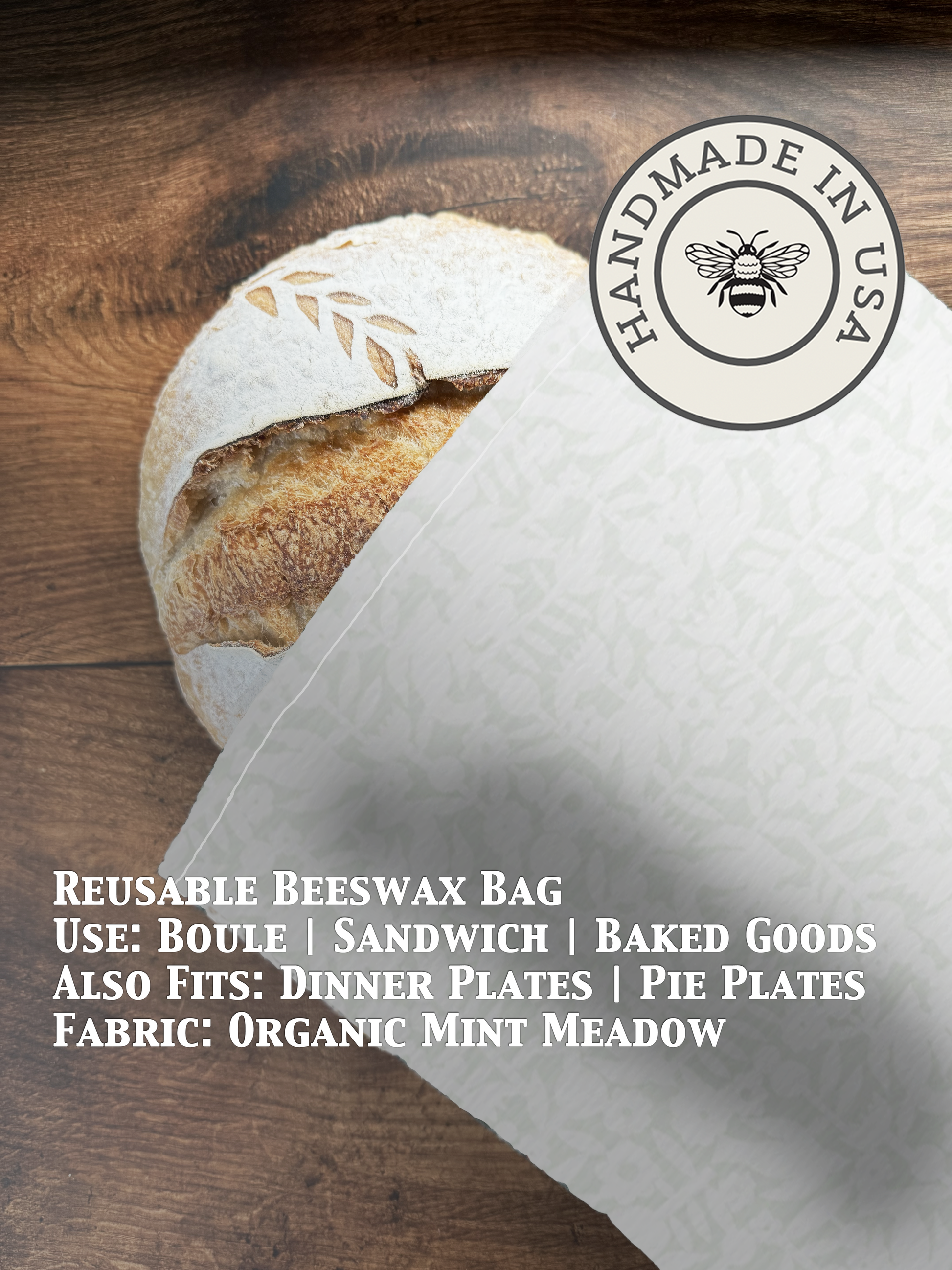 Beeswaxed bread bag from Five Oaks Farm with natural cotton exterior and beeswax coating, ideal for storing fresh bread.