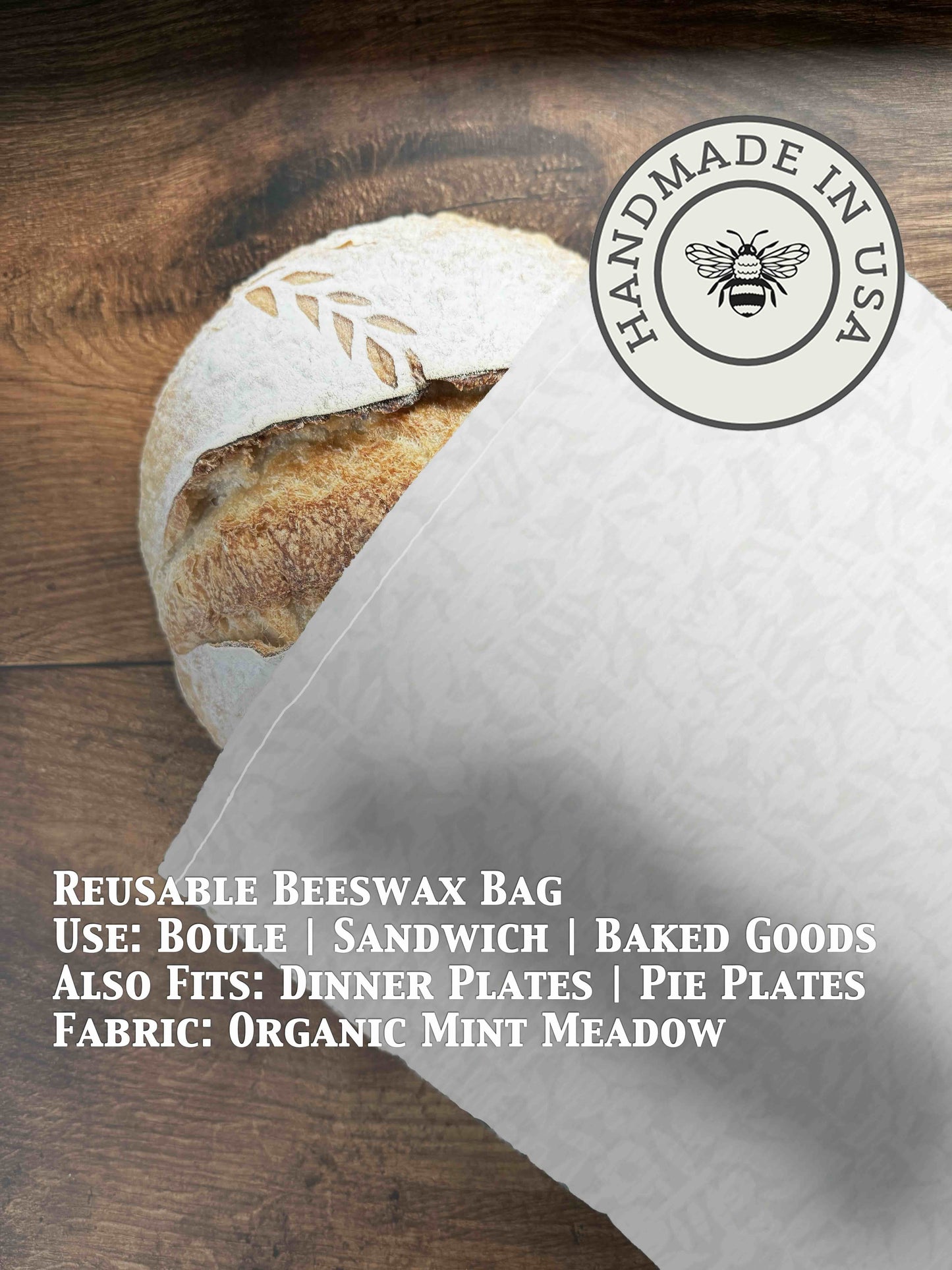 Beeswaxed bread bag from Five Oaks Farm with a natural mint green fabric and subtle farm-themed design.