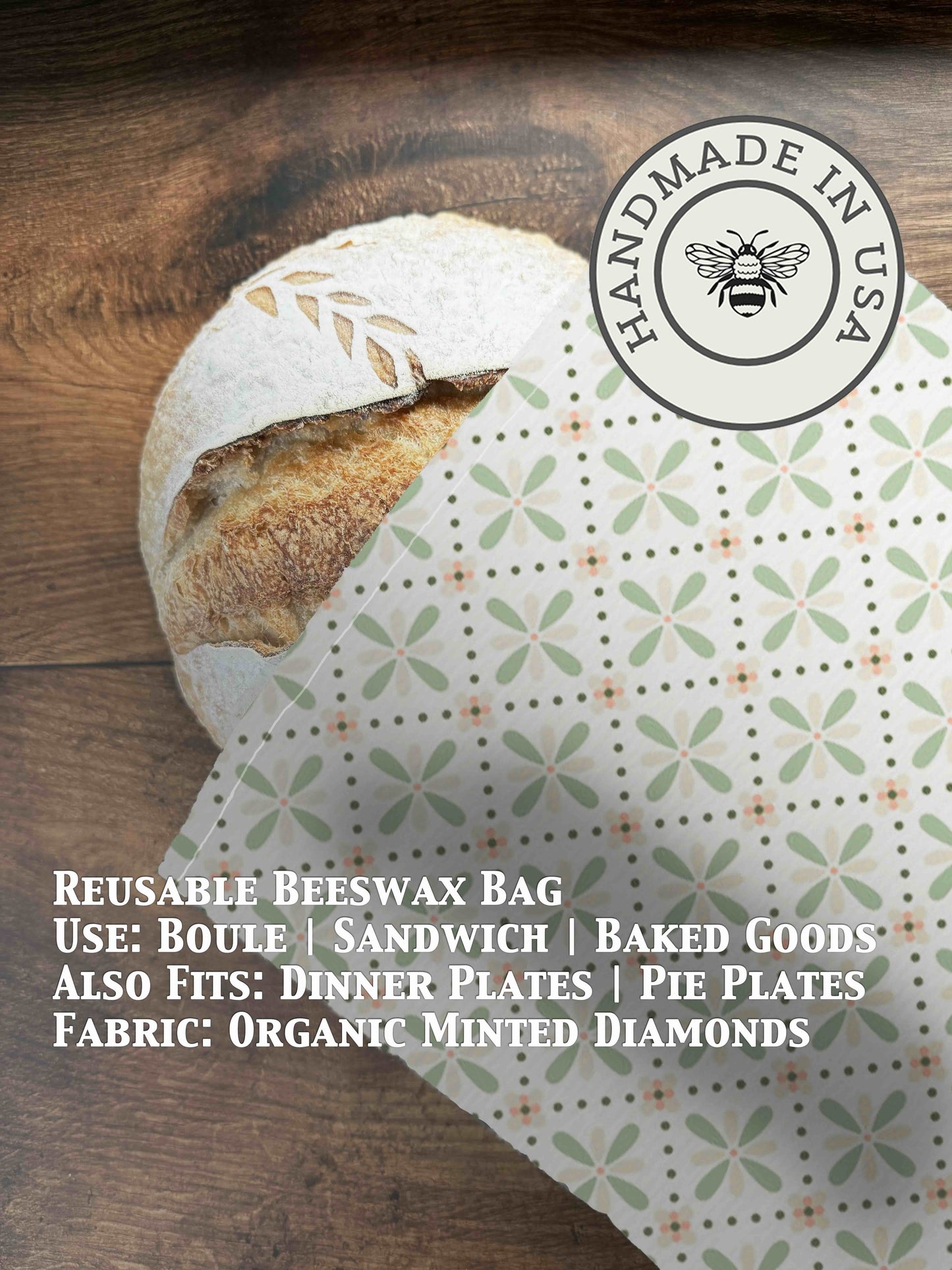 Beeswaxed bread bag from Five Oaks Farm with a natural, eco-friendly design and mint green color, ideal for storing fresh bread.