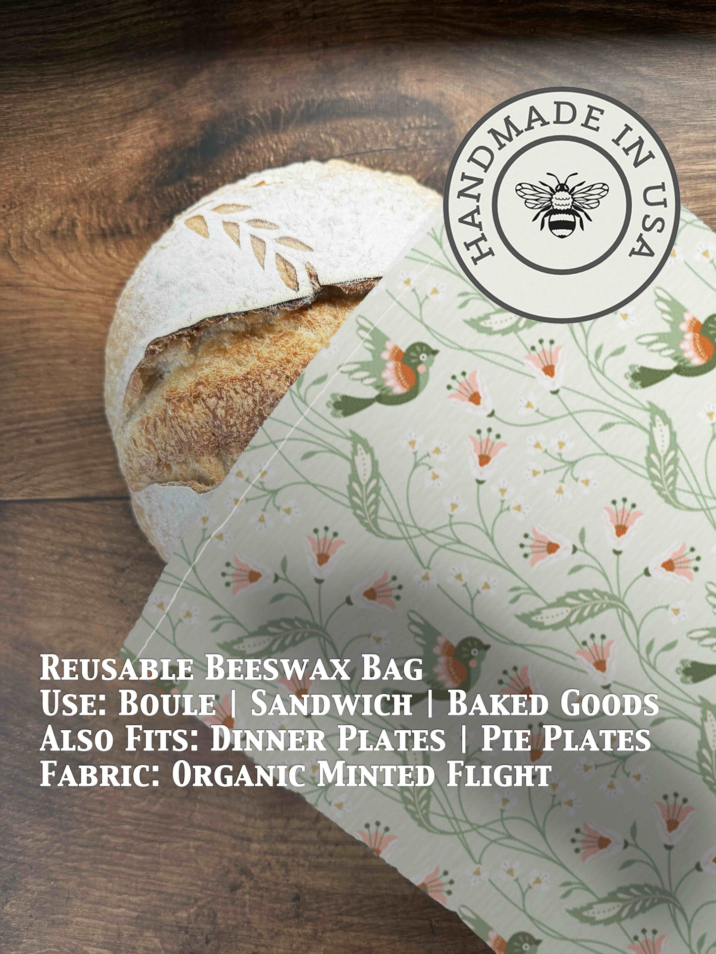 Beeswaxed bread bag from Five Oaks Farm, natural cotton exterior with beeswax coating, ideal for storing fresh bread.