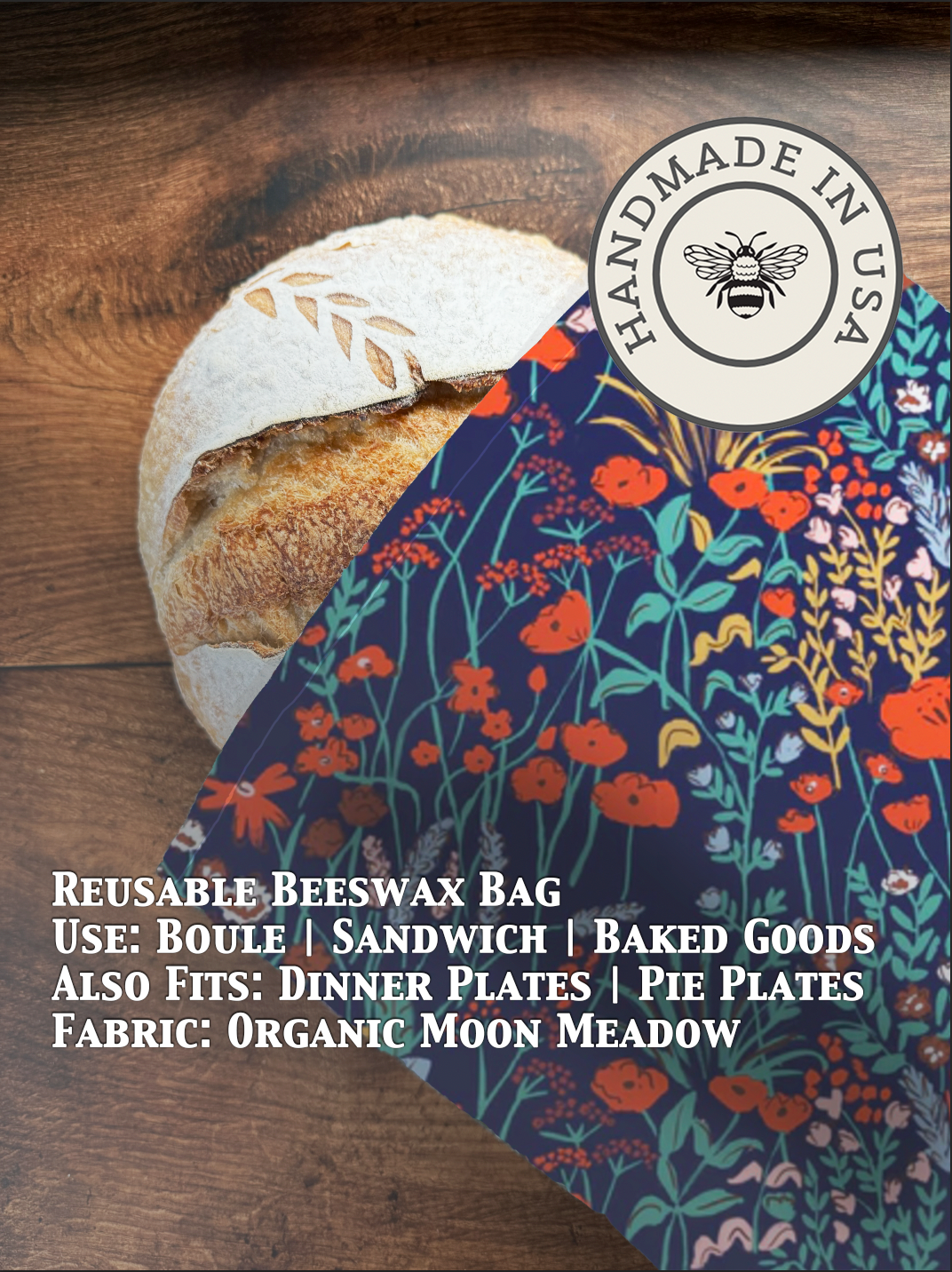 Beeswaxed bread bag from Five Oaks Farm with moon and meadow design, eco-friendly storage for fresh bread.