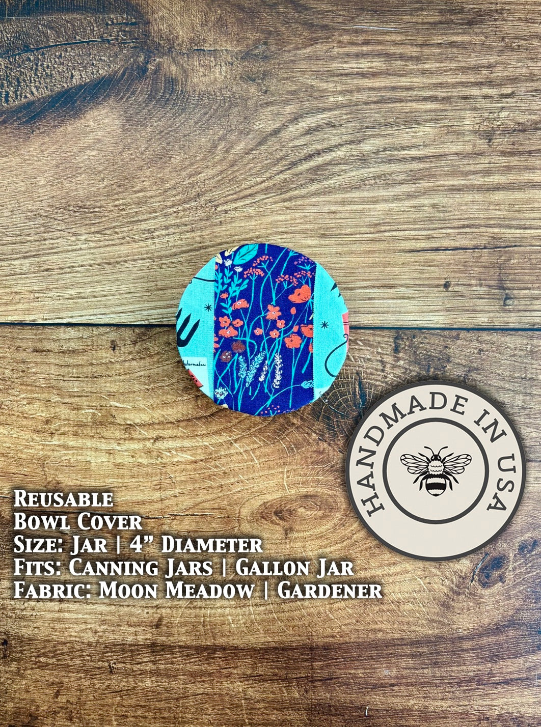 Farmhouse-style jar covers from Five Oaks Farm, featuring Moon Meadow Gardener design, perfect for preserving and decor.