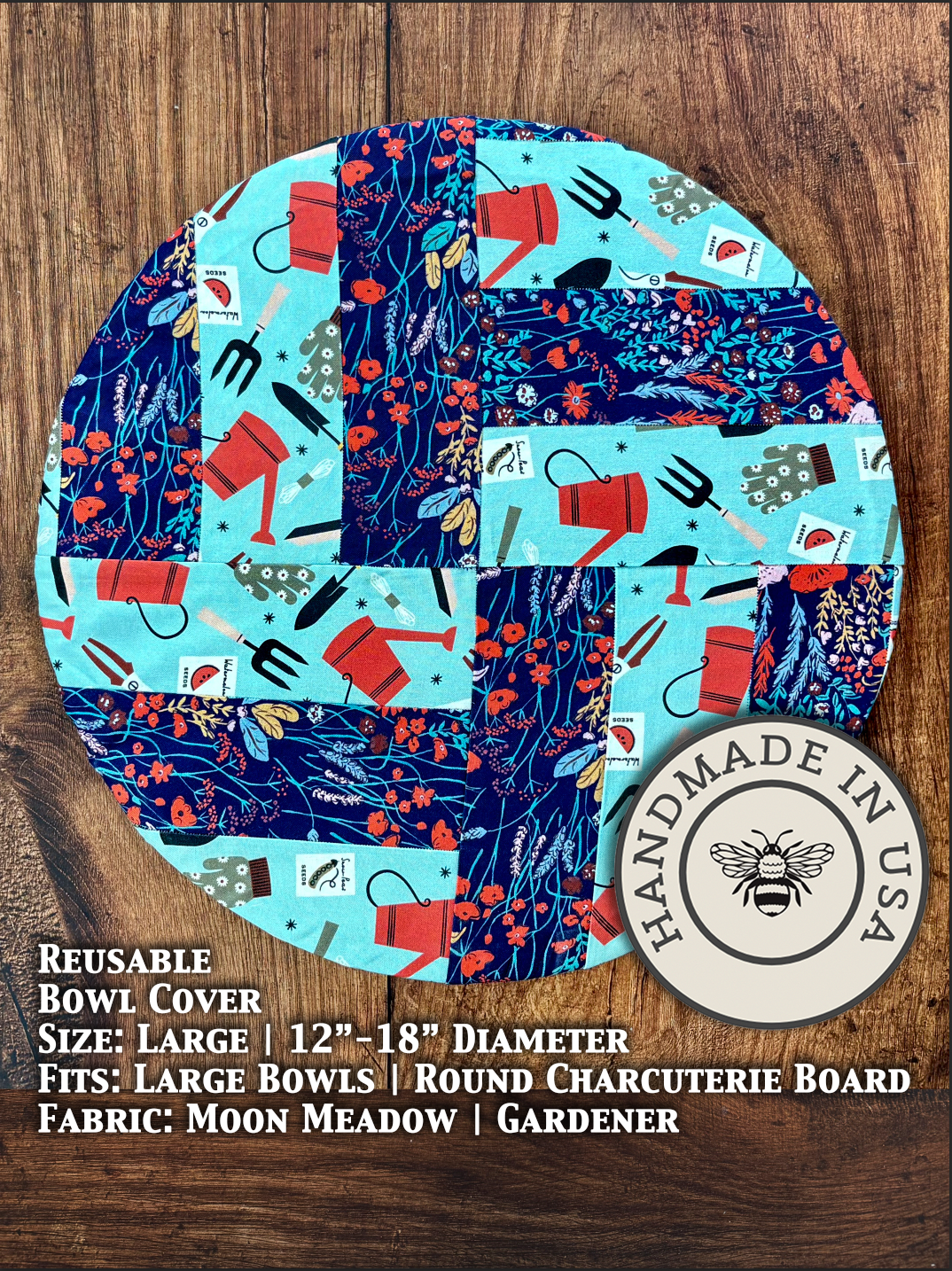 Large farm-themed bowl covers from Five Oaks Farm featuring moon and meadow gardener design for protecting bowls.