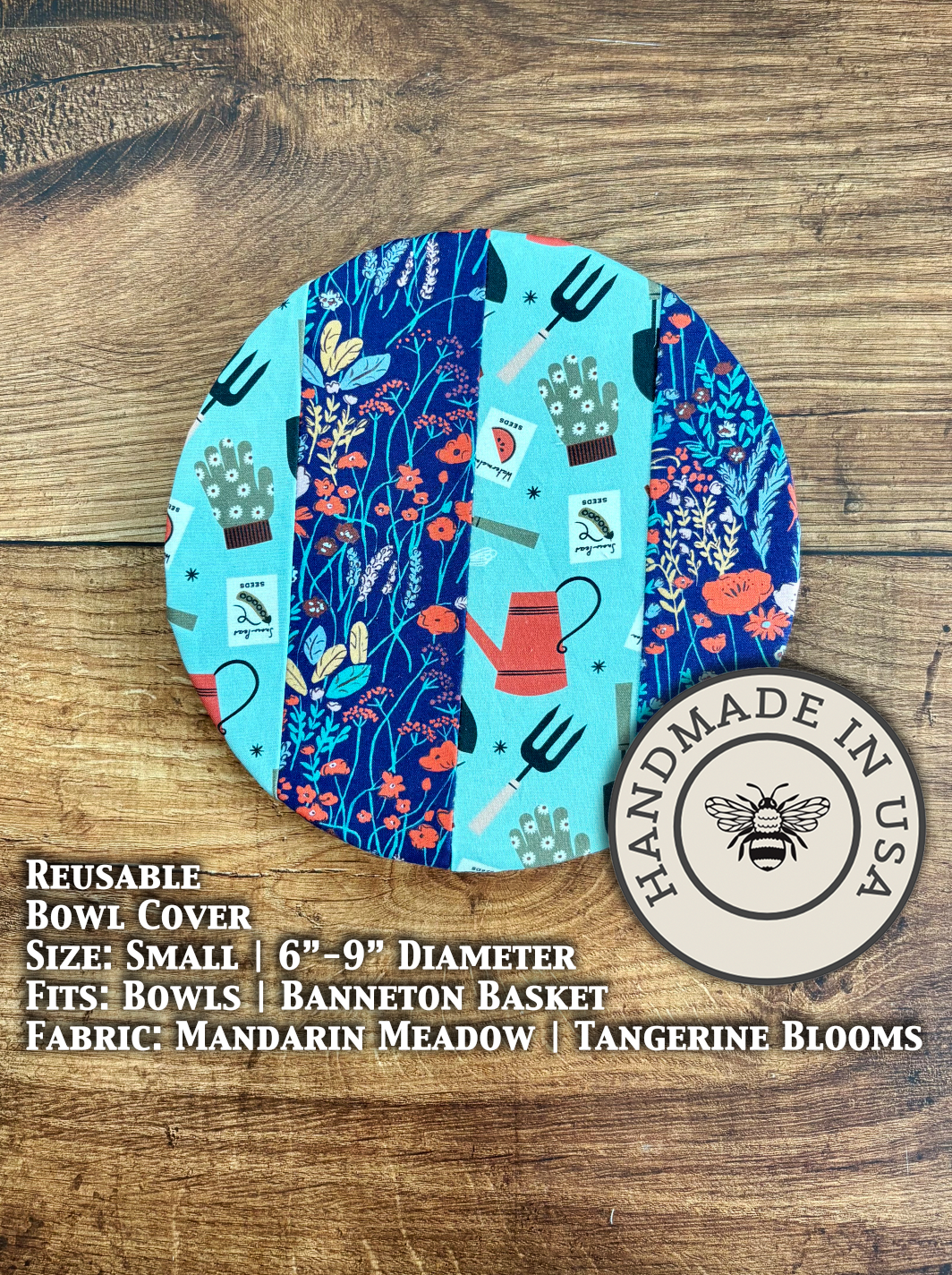 Small bowl and banneton covers from Five Oaks Farm, featuring Moon Meadow Gardener design, for bread proofing and baking.
