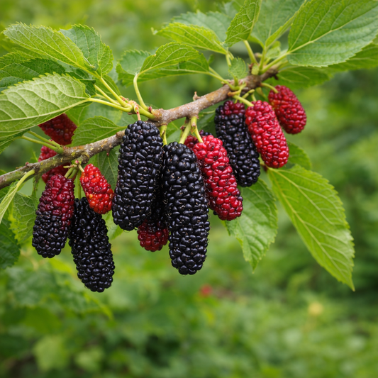 Illinois Everbearing Mulberry tree from The Farm On Central with ripe, dark mulberries hanging from its branches.