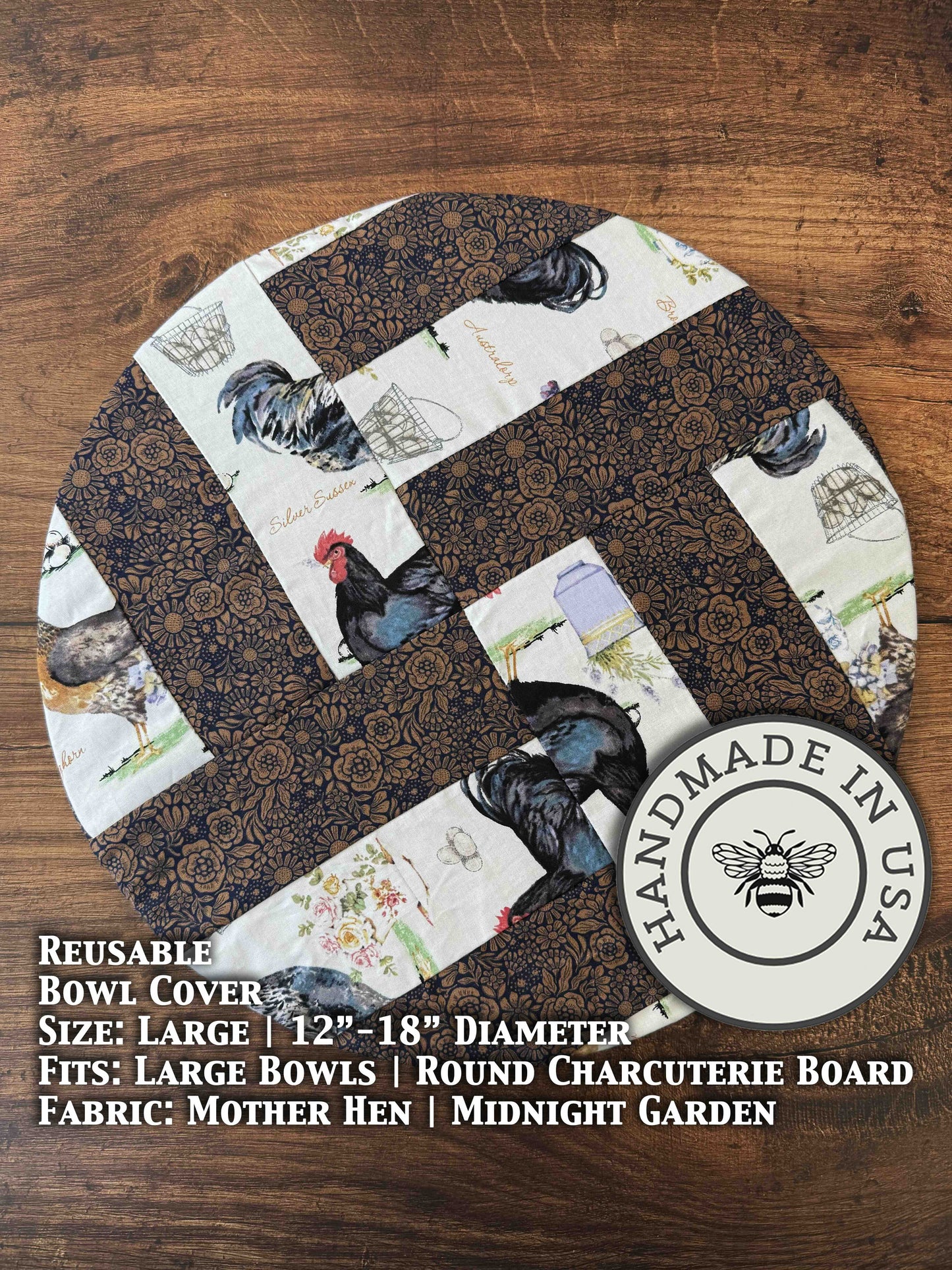 Large farm bowl covers from Five Oaks Farm, featuring a mother hen design, ideal for protecting bowls in the kitchen.
