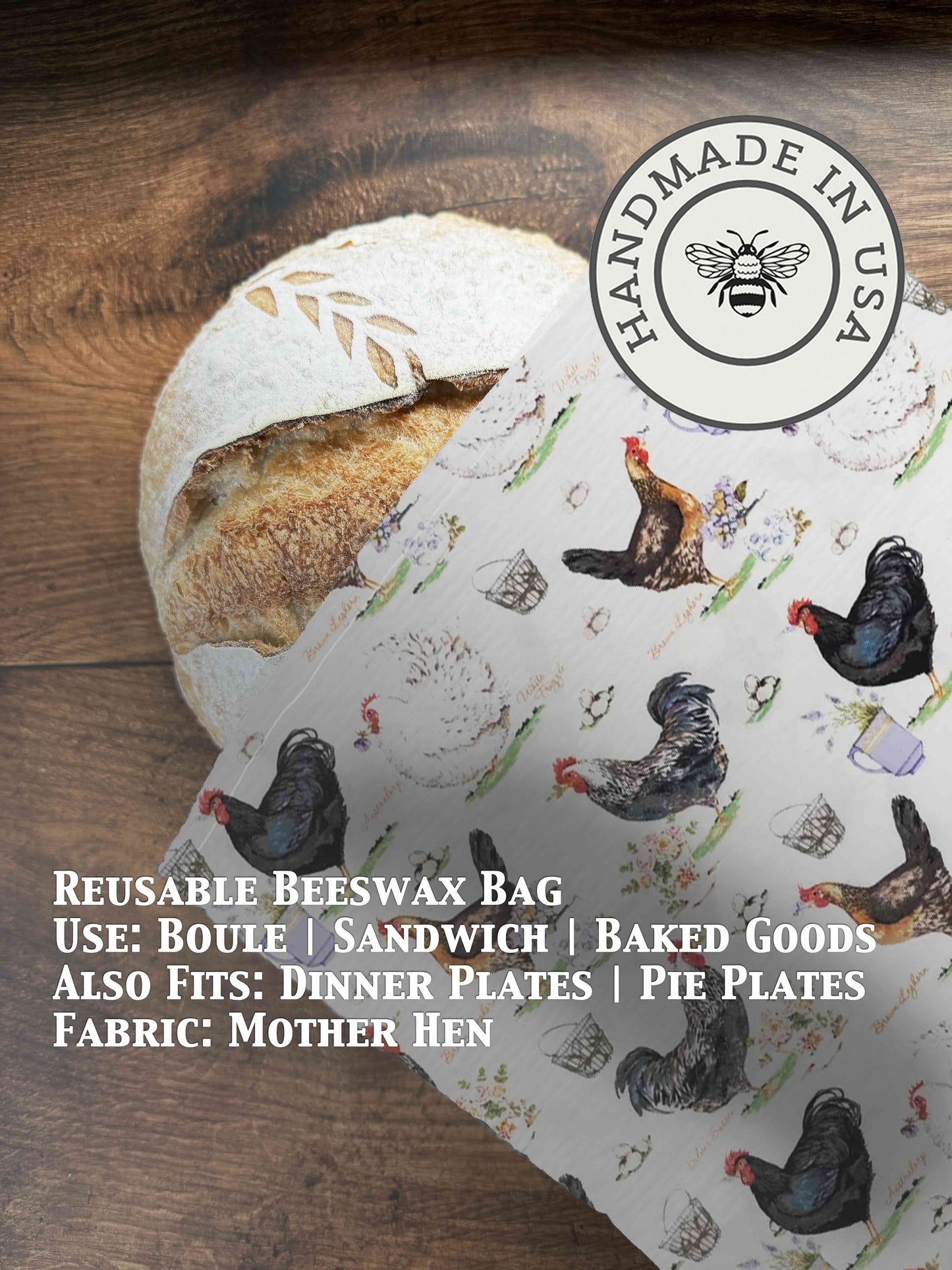 Beeswaxed bread bag from Five Oaks Farm featuring a mother hen design, natural cotton with beeswax coating for fresh bread storage.