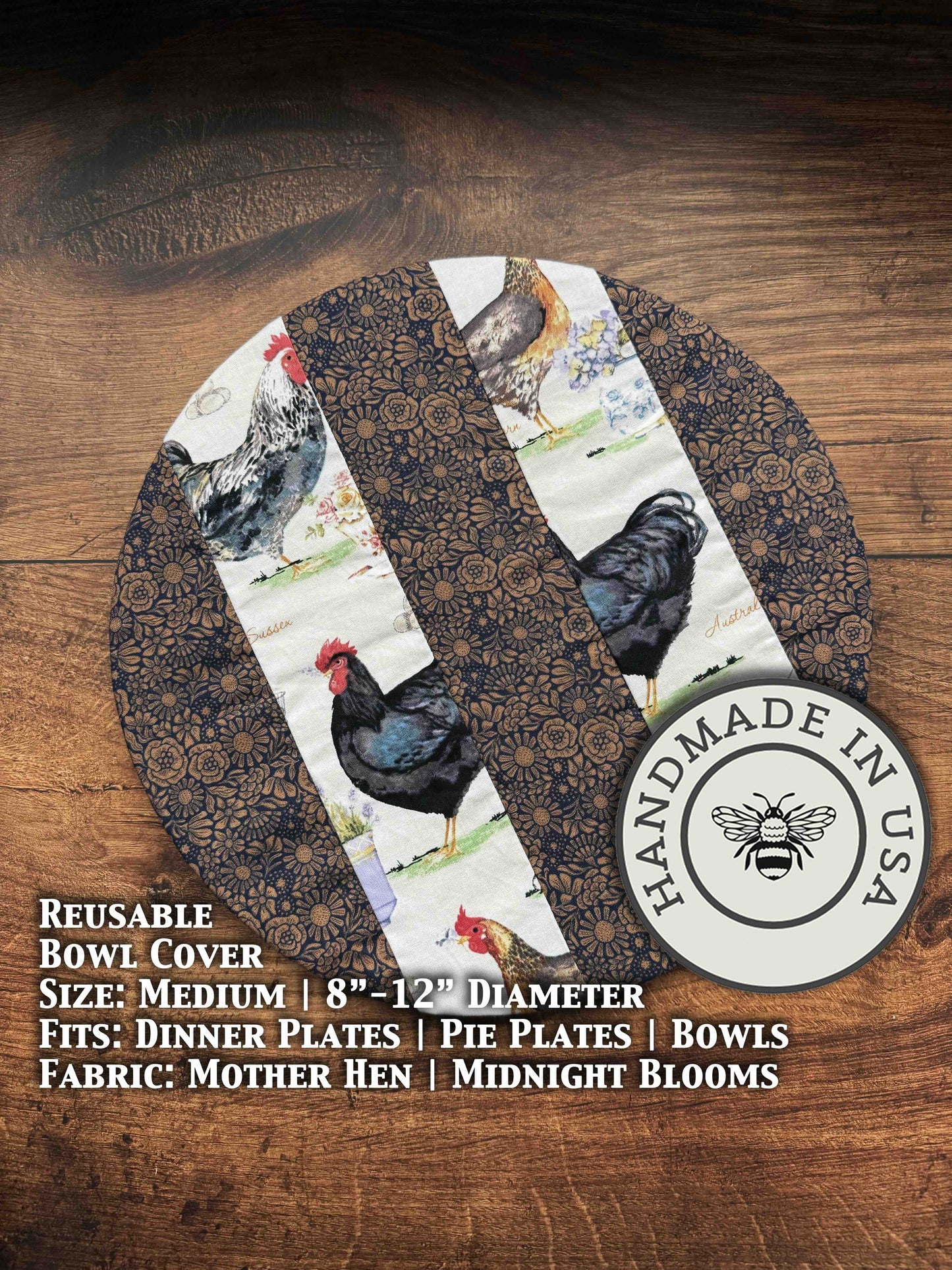Medium bowl and banneton covers from Five Oaks Farm, featuring a mother hen illustration, used for bread baking and dough proofing.