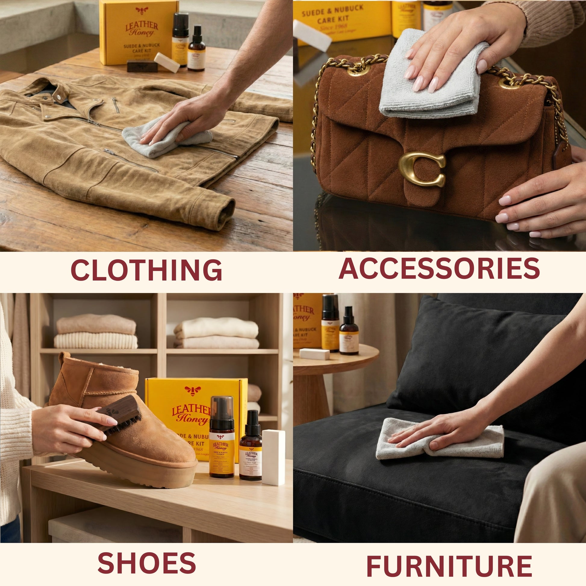 Leather Honey suede and nubuck cleaner for leather care, showing a bottle and cleaning cloth on a neutral background.