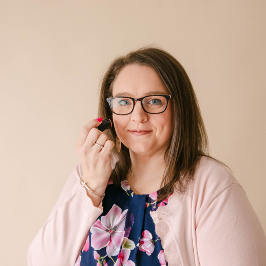 Taylor Made Organics multistick cream blush for cheeks, lips, and eyes, shown in a natural, versatile application on the model.