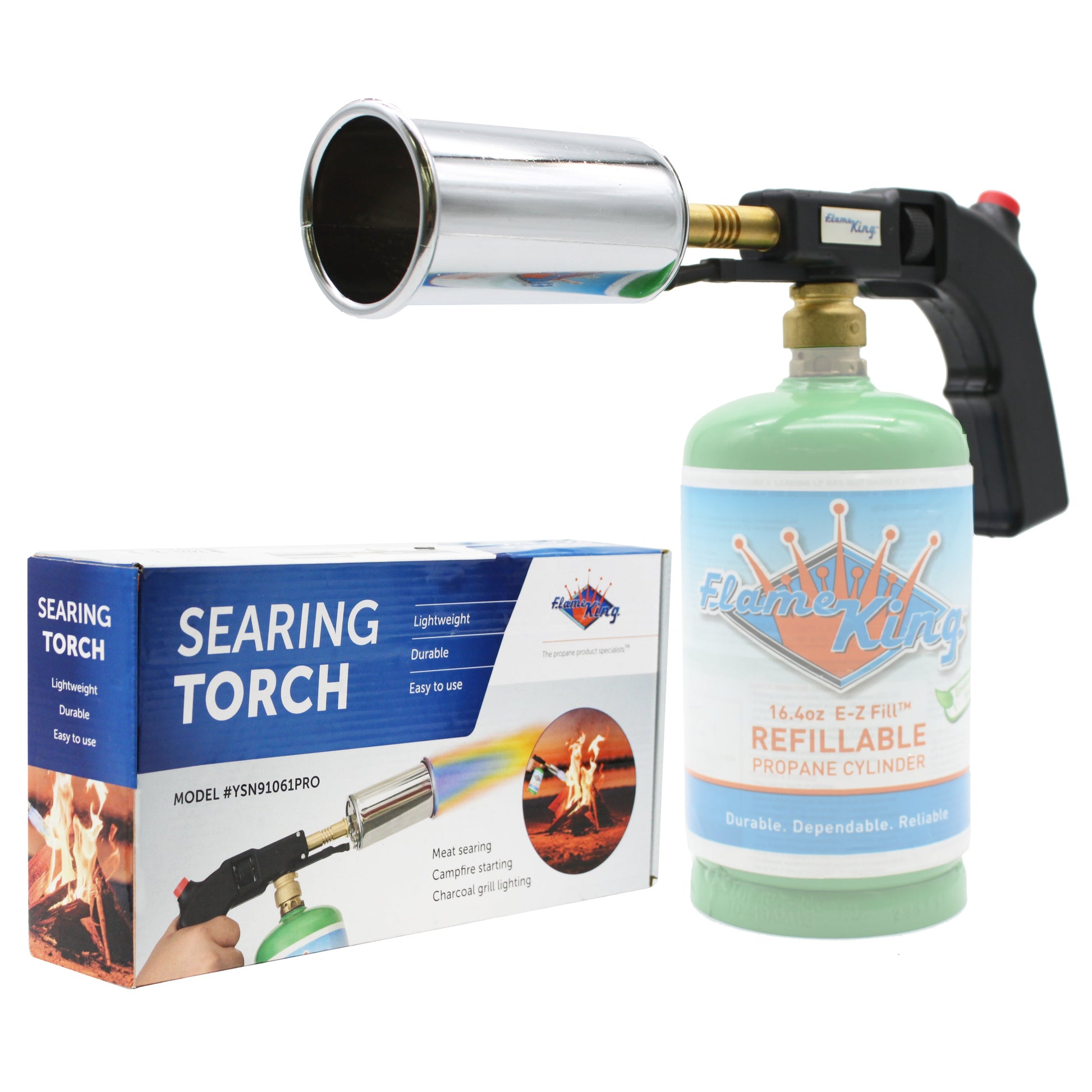 Flame King high intensity propane torch with electric start and comfort handle, used for searing and grilling tasks.