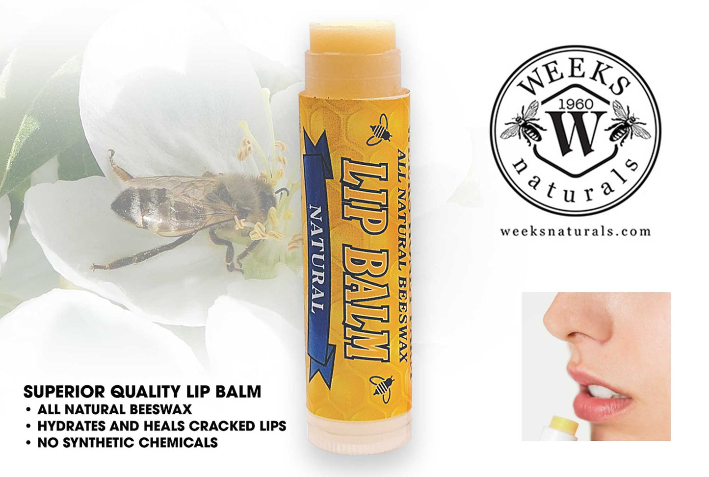 A tube of Weeks Honey Farm’s All Natural Beeswax Lip Balm is shown with a bee on a white flower, the Weeks Honey Farm logo, and someone applying the balm. Highlights include natural ingredients and nourishing lip moisturization. Available as singles, twin packs, or case.