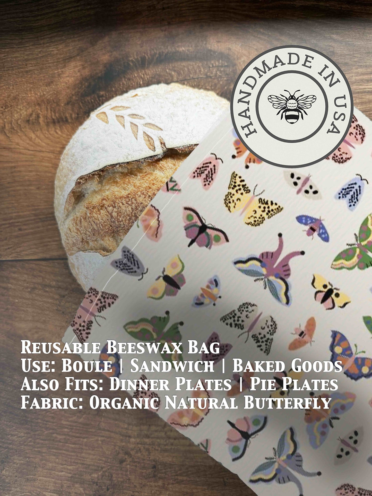 Natural beeswaxed bread bag from Five Oaks Farm, featuring a butterfly design, perfect for storing fresh bread in a eco-friendly way.