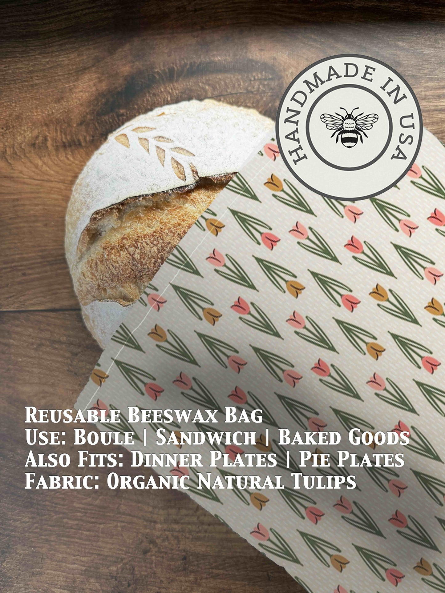 Beeswaxed bread bag from Five Oaks Farm with natural tulips pattern, eco-friendly and reusable for fresh bread storage.