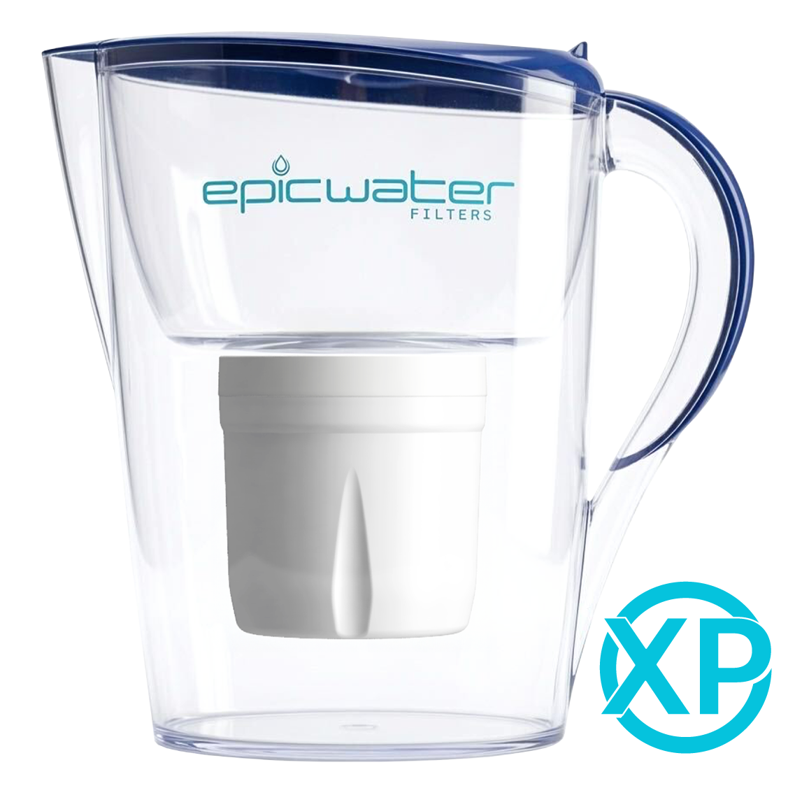 Navy blue Epic Water Filters Pure XP pitcher for reducing fluoride, PFAS, and parasites in drinking water.