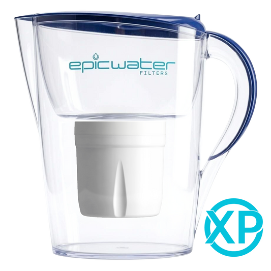 Navy blue Epic Water Filters Pure XP pitcher for reducing fluoride, PFAS, and parasites in drinking water.