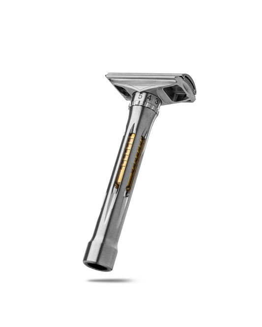 Blackland Razors Osprey Razor with dynamic machine finish, front view showing sleek stainless steel handle and precision blade edge.