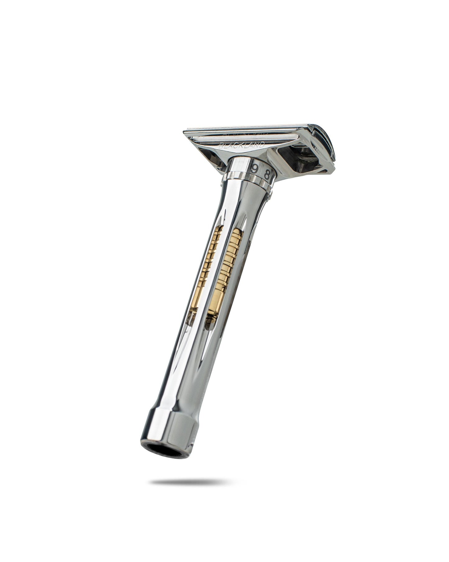 Close-up of the Blackland Razors Osprey safety razor with a polished stainless steel handle, showing its sleek design and textured grip.