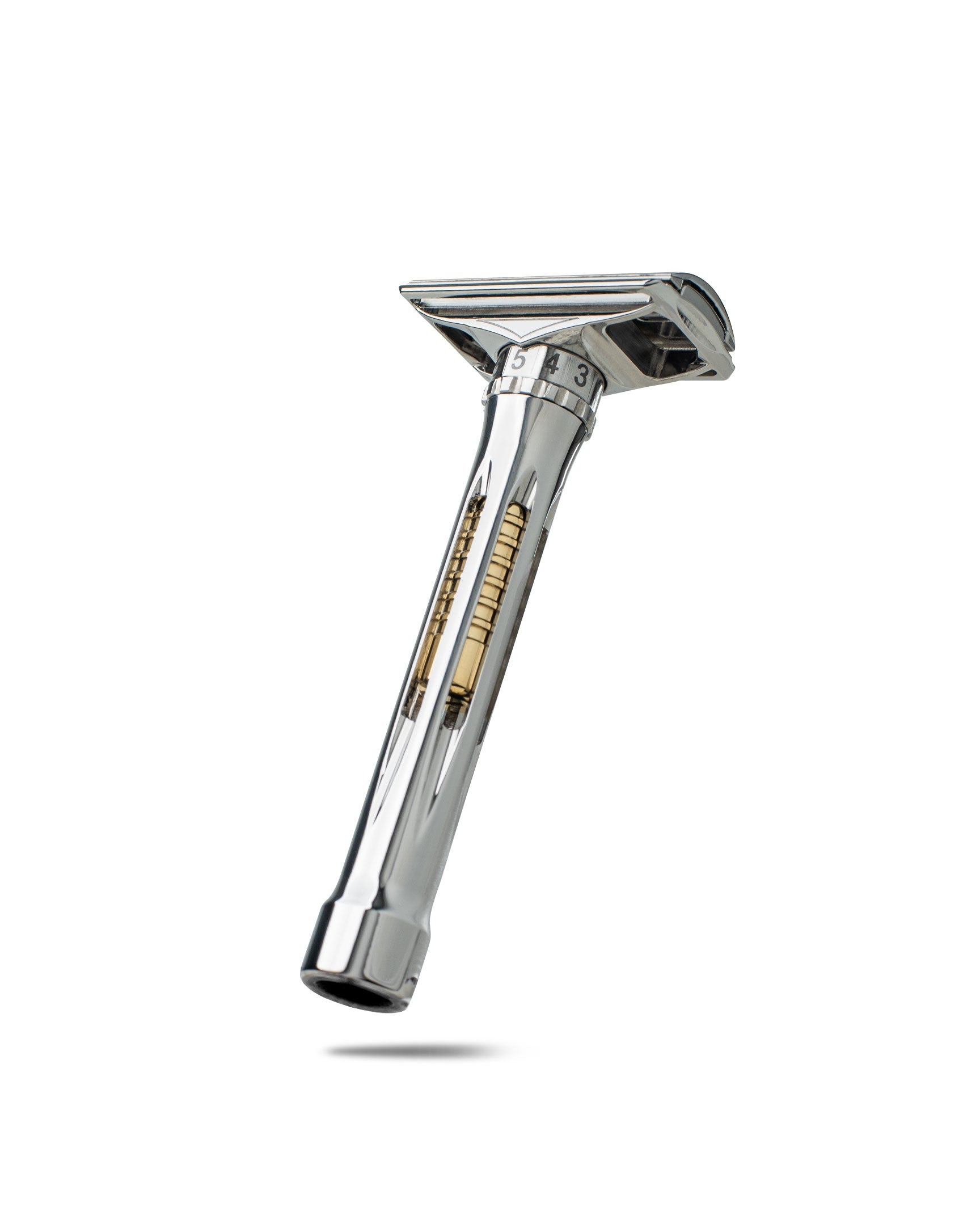 Blackland Razors Osprey Razor with polished front, showcasing sleek, modern safety razor design and craftsmanship.