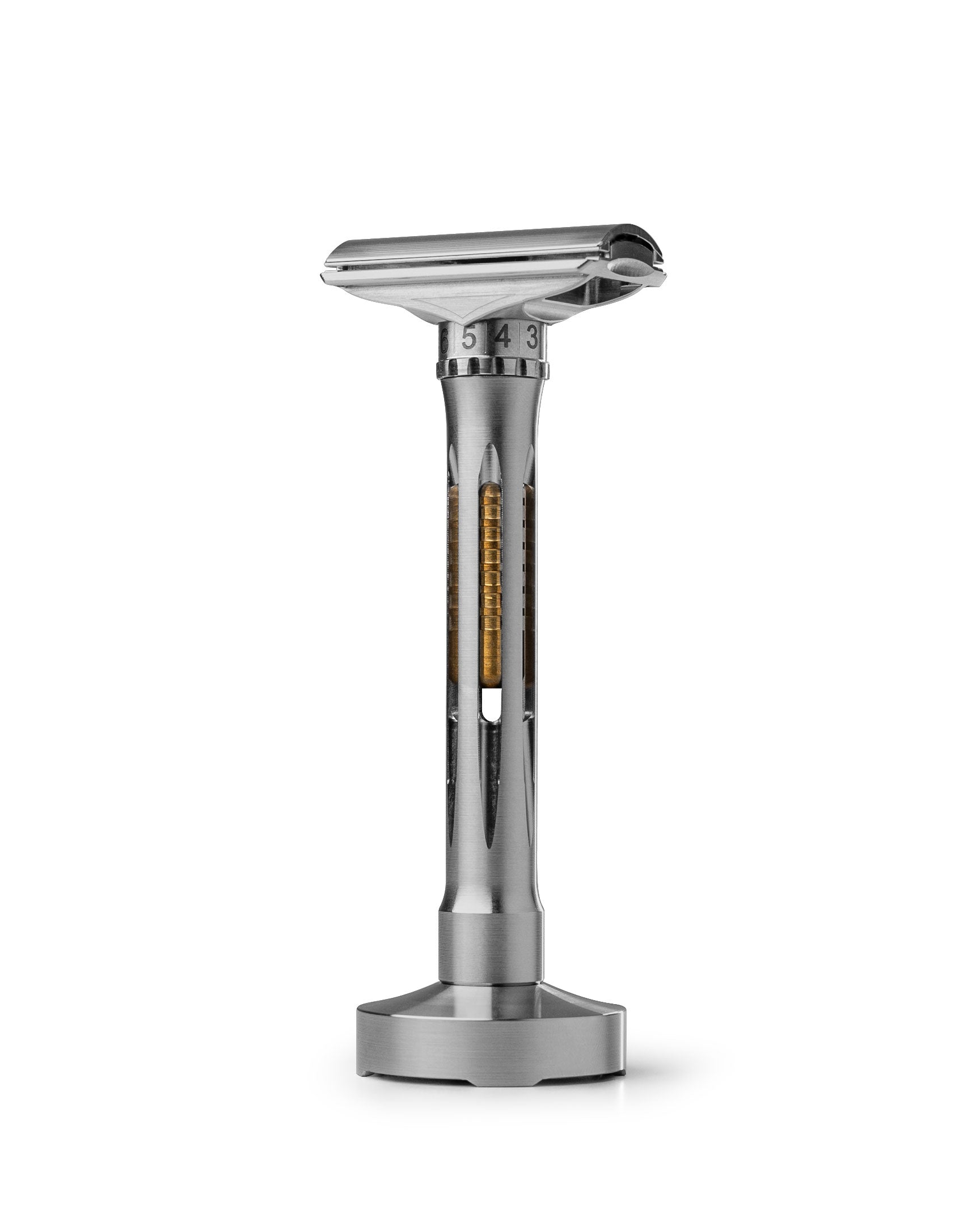 Blackland Razors Osprey Razor displayed on a stand, showcasing its sleek design and premium craftsmanship for shaving.