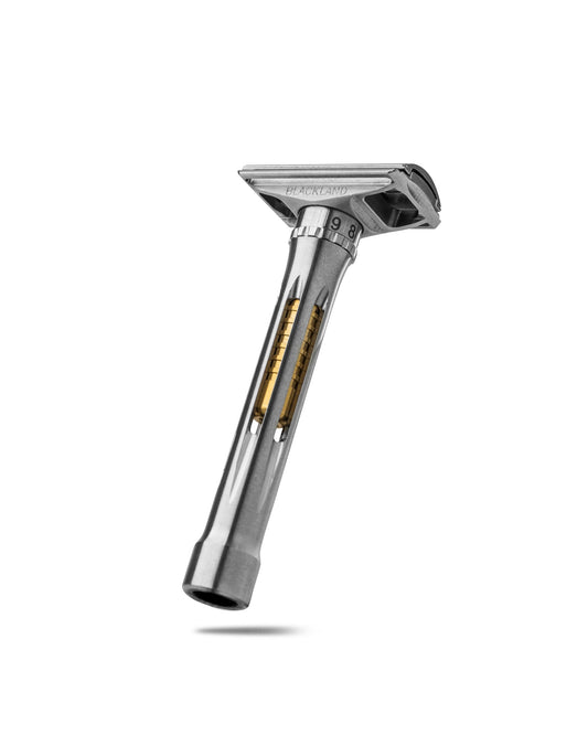 Osprey Razor by Blackland Razors, close-up of the dynamic machined back showcasing sleek metallic craftsmanship.