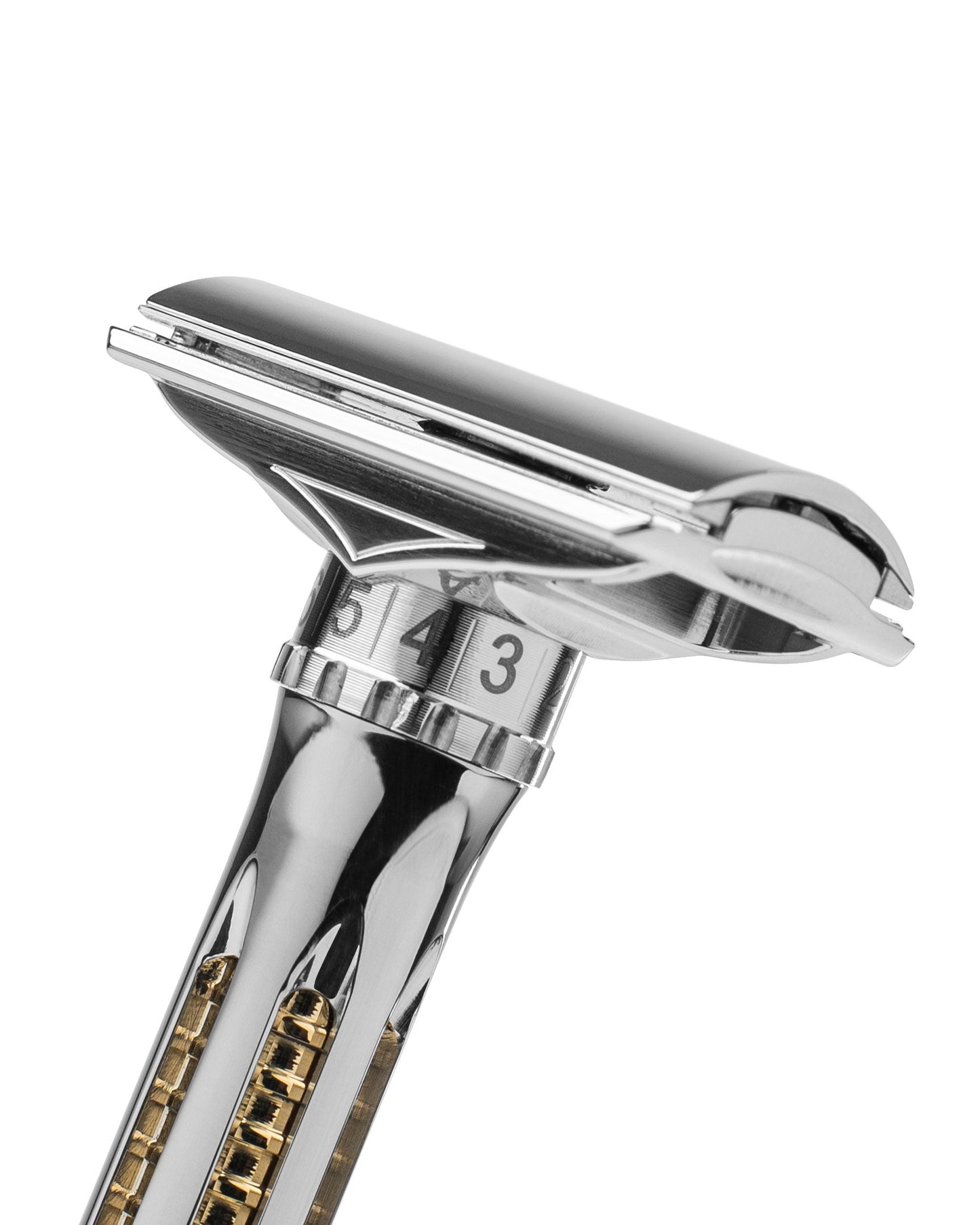 Close-up of the polished Blackland Razors Osprey safety razor showing its sleek handle and detailed craftsmanship.