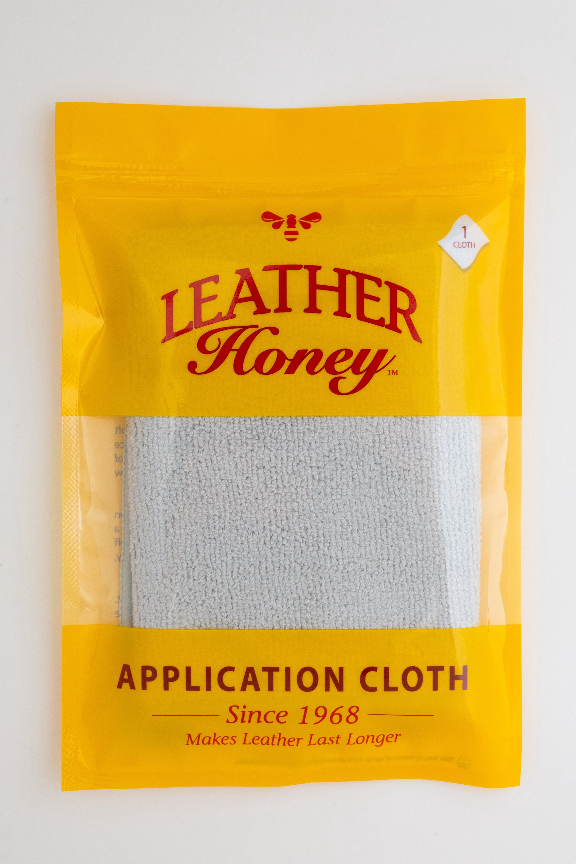Leather Honey lint-free leather care cloth, front view, designed for cleaning and applying leather treatments gently and effectively.