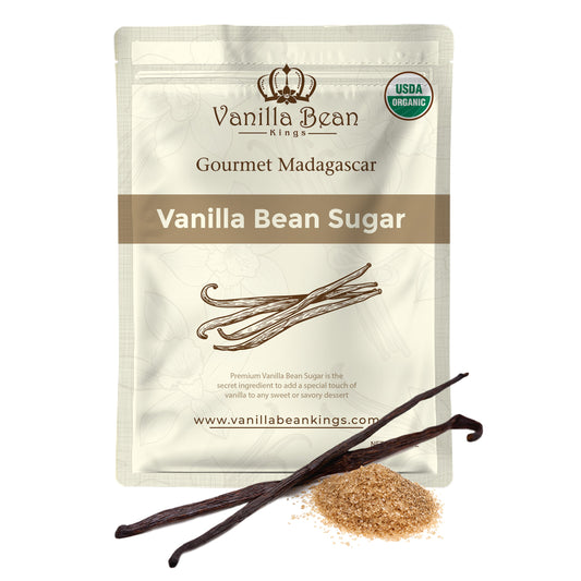 Organic vanilla bean sugar in a 12 oz jar from Vanilla Bean Kings, featuring vanilla beans and sugar in a clear container.