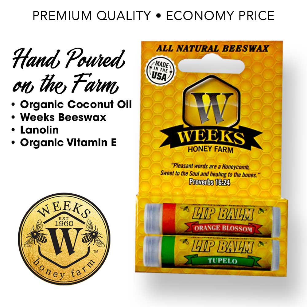 Image shows Weeks All Natural Beeswax Lip Balms by Weeks Honey Farm in Orange Blossom and Tupelo, featuring natural ingredients, Hand Poured on the Farm, honeycomb packaging, and available as Singles, Twin Packs, or Case.