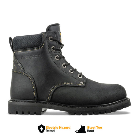 The Chinook® Footwear Oil Rigger 6” Steel Toe Men’s Work Boot in black features visible stitching, metal eyelets, rugged sole, steel toe, and electric hazard rating—perfect for tough jobs on the worksite.