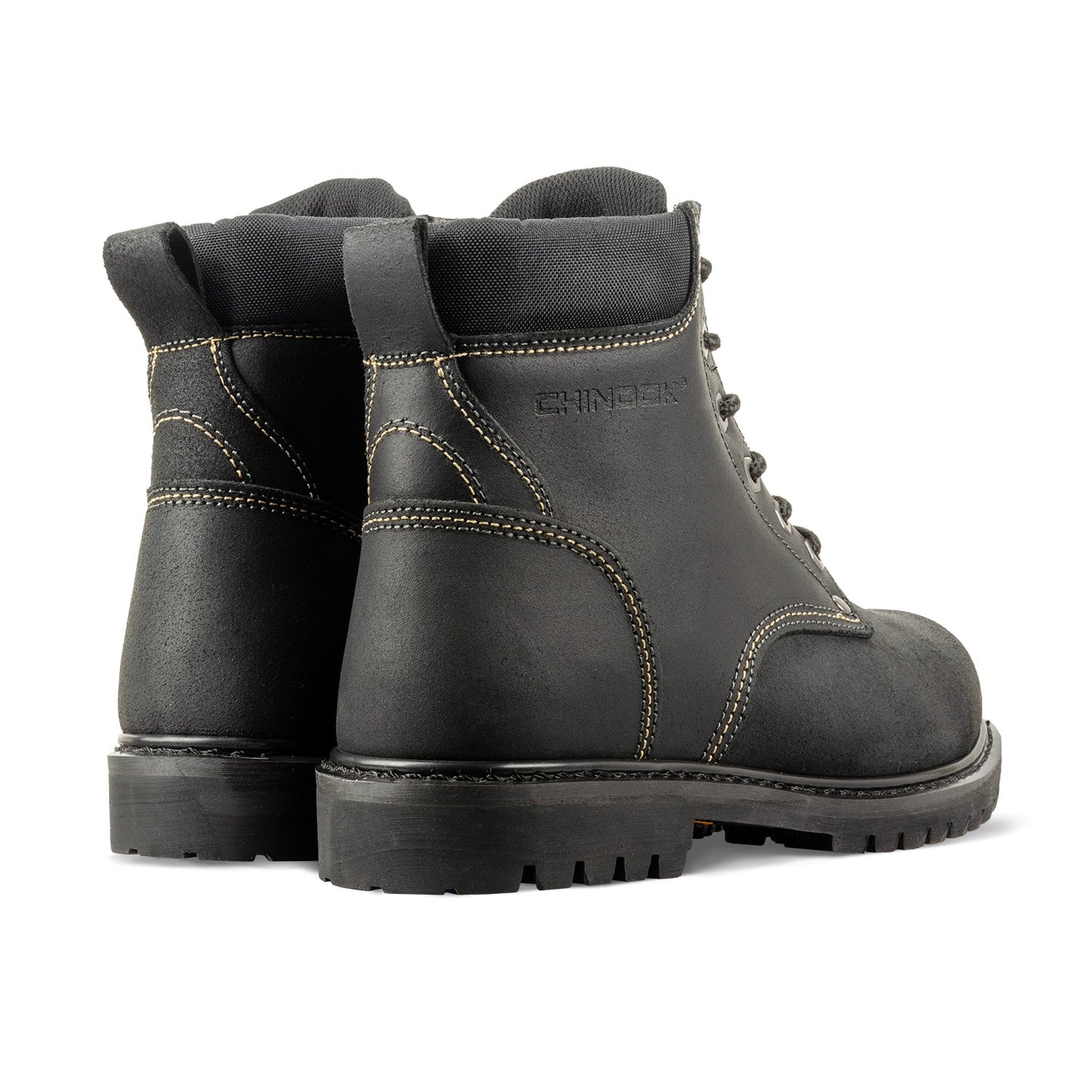 The Chinook® Footwear Oil Rigger 6” Steel Toe Men’s Work Boot in black features visible stitching, thick rubber soles, and padded ankles, shown from rear and side angles against a white background.