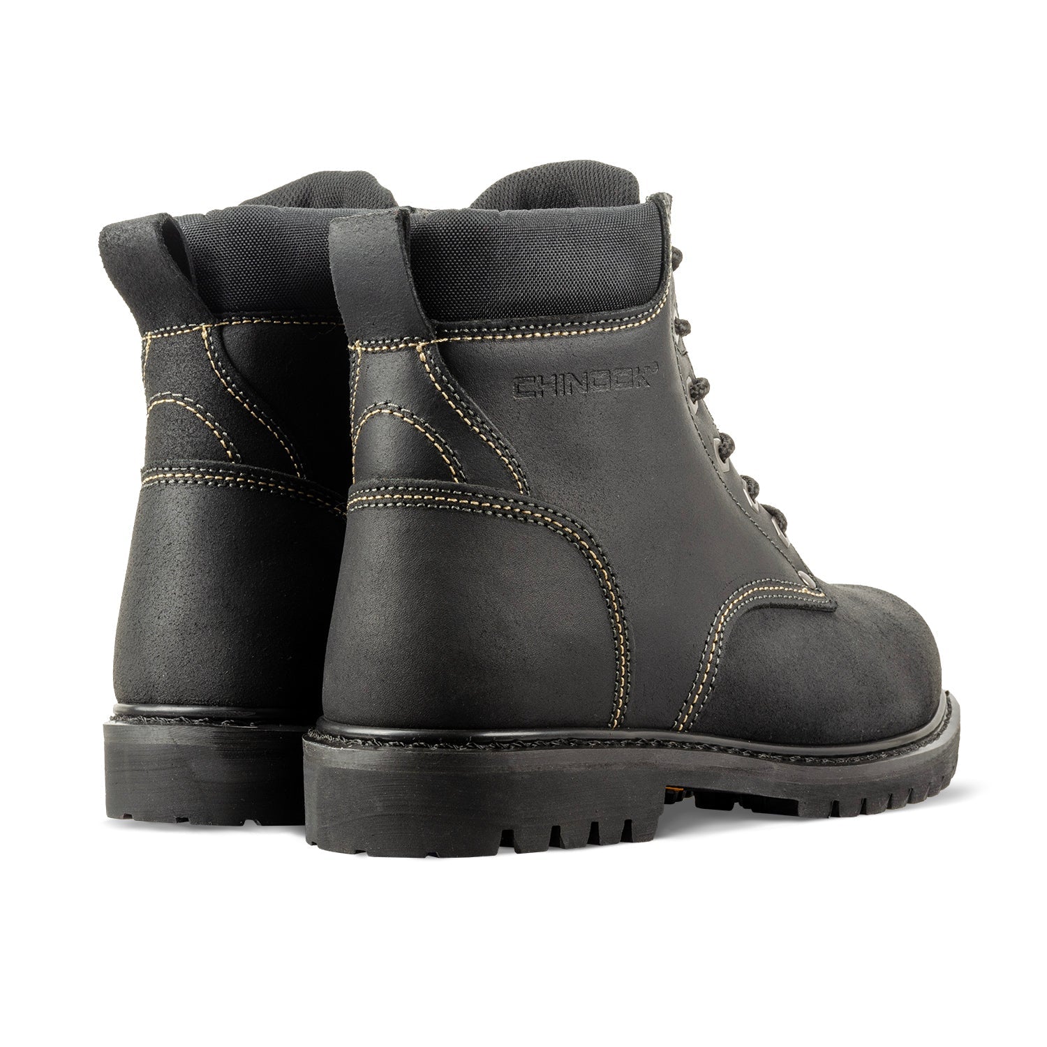 The Chinook® Footwear Oil Rigger 6” Steel Toe Men’s Work Boot in black features visible stitching, thick rubber soles, and padded ankles, shown from rear and side angles against a white background.