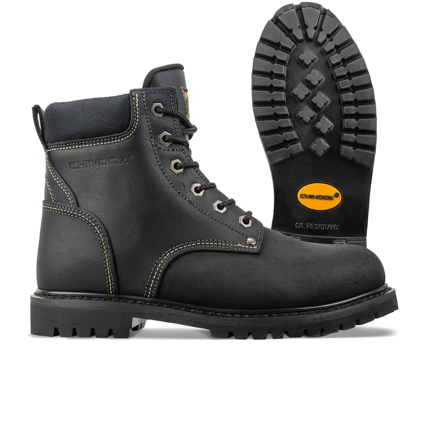 The Chinook® Footwear Oil Rigger 6” Steel Toe Men’s Work Boot in black features rugged soles, visible stitching, and a detailed tread, shown upright for a side view and tilted to highlight the sole design.