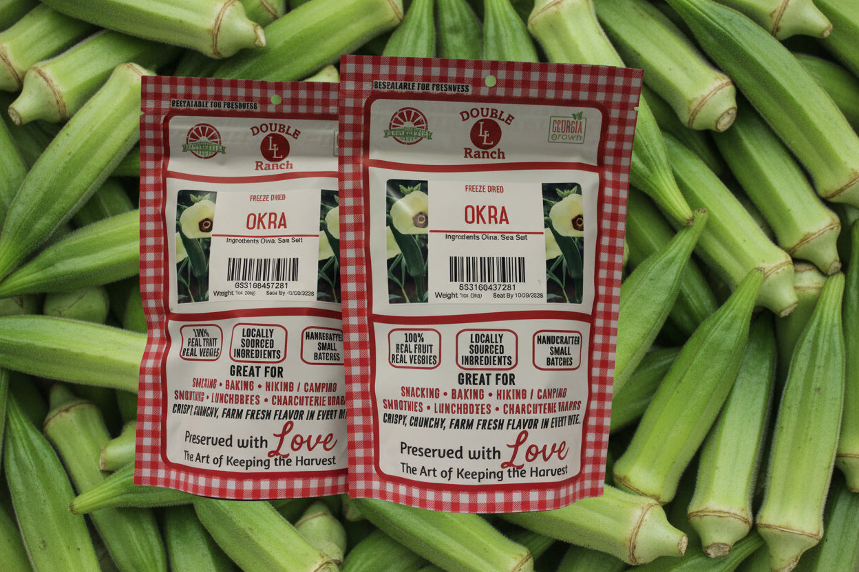 Freeze dried okra by Double L Ranch, showcasing vibrant green, sliced okra pods on a clean background.