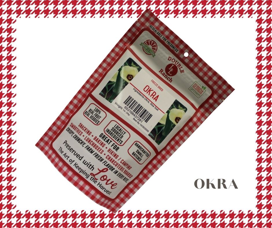 Freeze dried okra by Double L Ranch, showing vibrant green, sliced okra pieces on a white background.