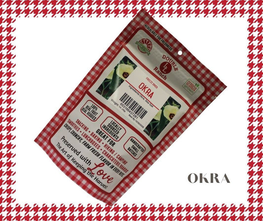 Freeze dried okra by Double L Ranch, showing vibrant green, sliced okra pieces on a white background.