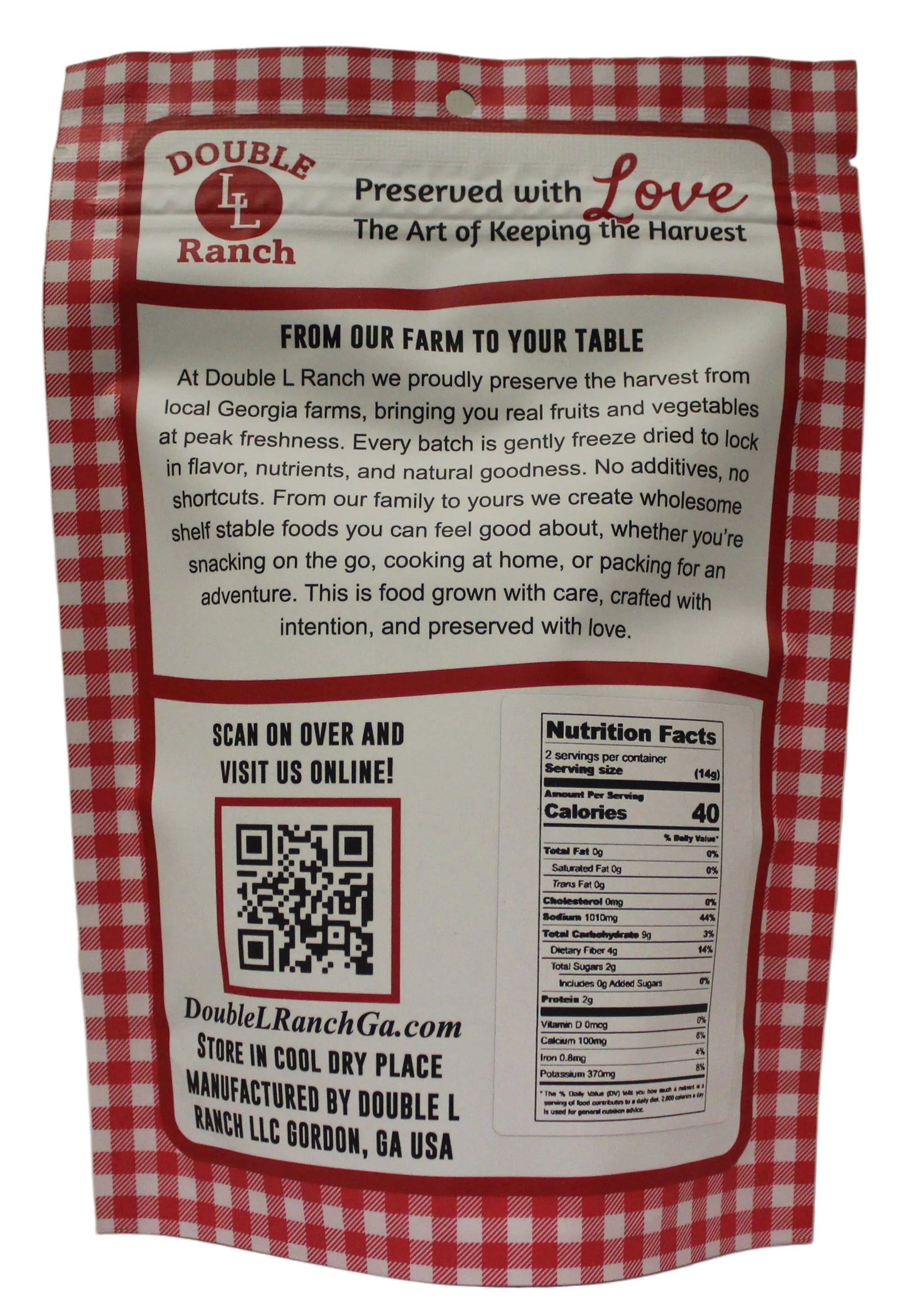 Freeze-dried okra from Double L Ranch shown in back view, highlighting the green, textured vegetable in a natural setting.